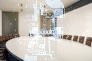 Double exposure of creative human head microcircuit hologram on a modern boardroom background. Future technology and AI concept