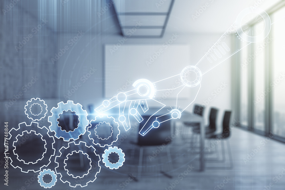 Poster abstract virtual robotics technology hologram on a modern conference room background. robot developm