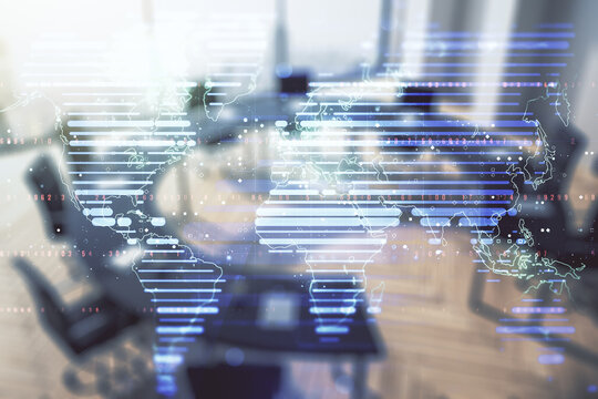 Multi exposure of abstract creative digital world map hologram on a modern conference room background, tourism and traveling concept