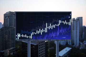 Glowing FOREX graph hologram on billboard, aerial panoramic cityscape of Bangkok at sunset. Stock...