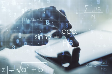 Creative scientific formula hologram and hand working with a digital tablet on background, research concept. Multiexposure