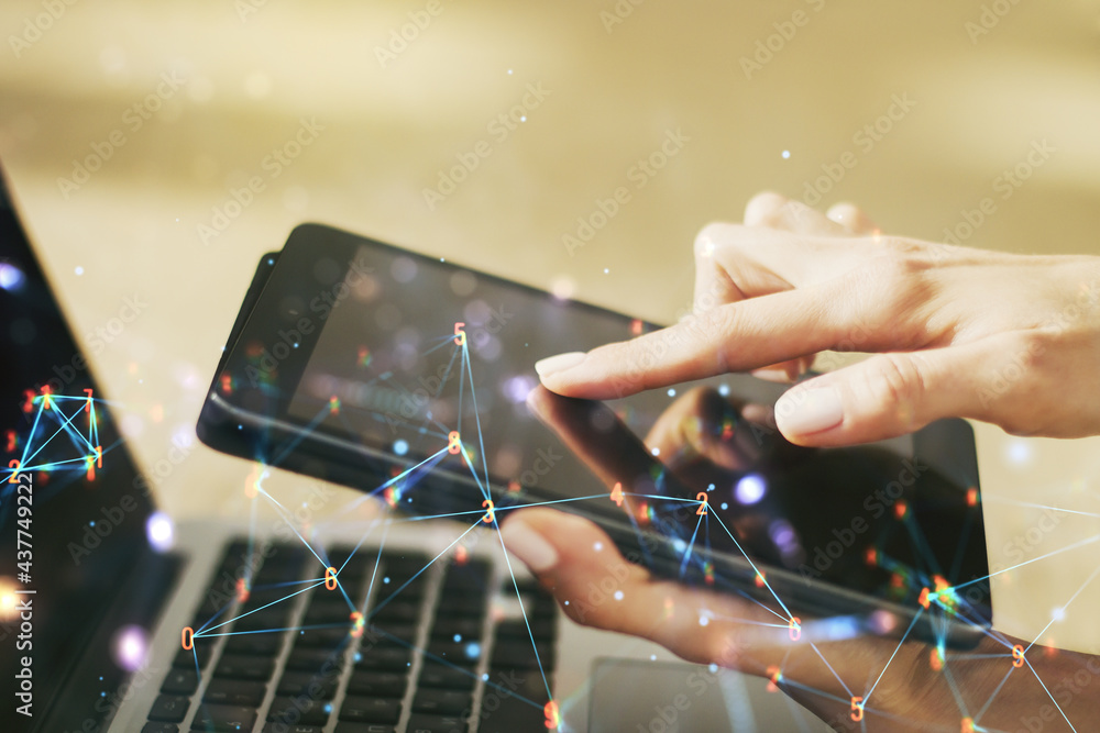 Aufkleber Creative concept of wireless technology and finger clicks on a digital tablet on background. Big data and database concept. Multiexposure