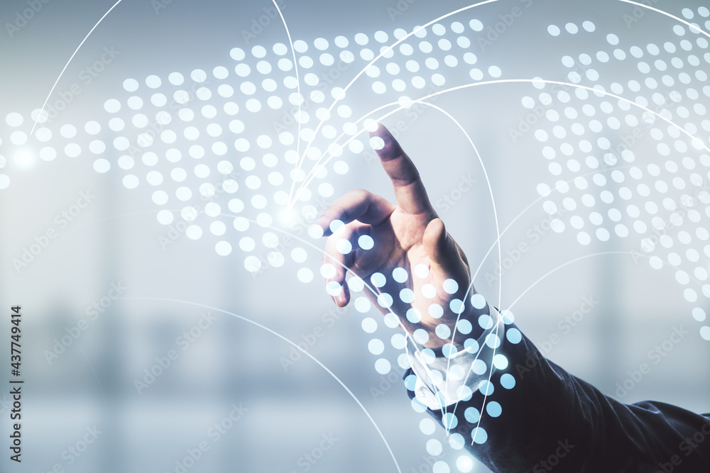 Aufkleber man hand working with abstract virtual world map with connections on blurred office background, inte