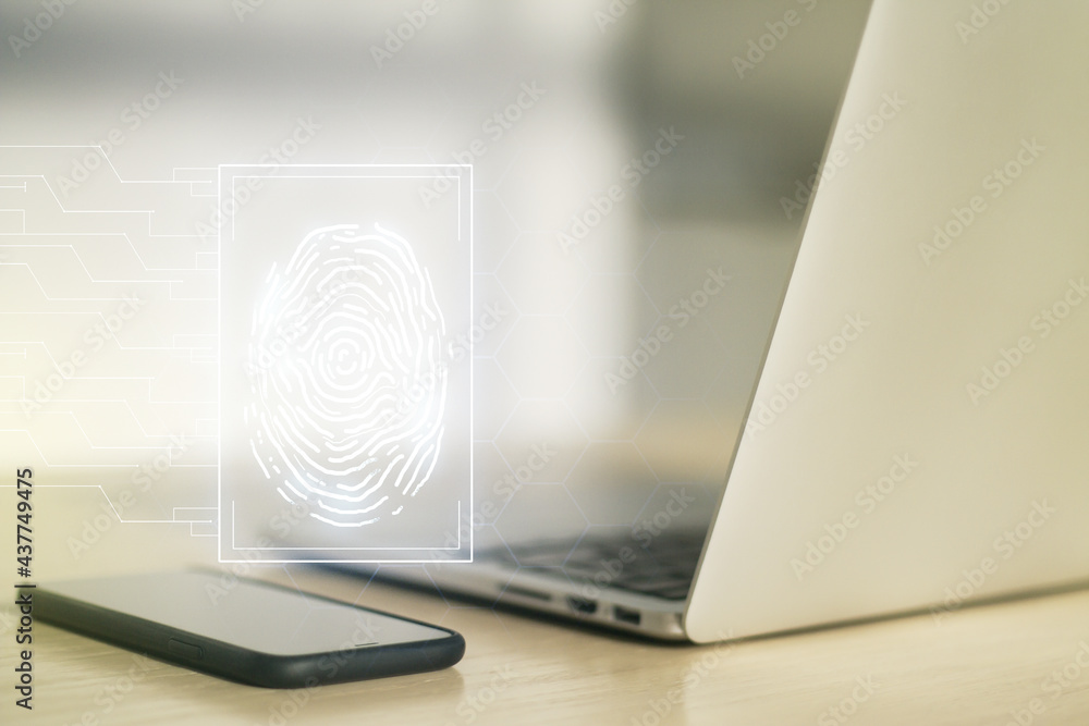 Poster abstract creative fingerprint illustration on modern computer background, personal biometric data co