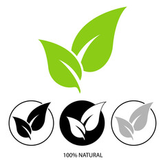 Natural leaf icon. 100 percent natural logo design. Organic product symbol. Natural design with green leaf icon. Vector illustration.