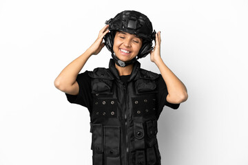 SWAT woman isolated on white background laughing