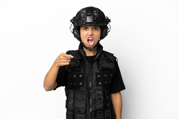 SWAT woman isolated on white background frustrated and pointing to the front