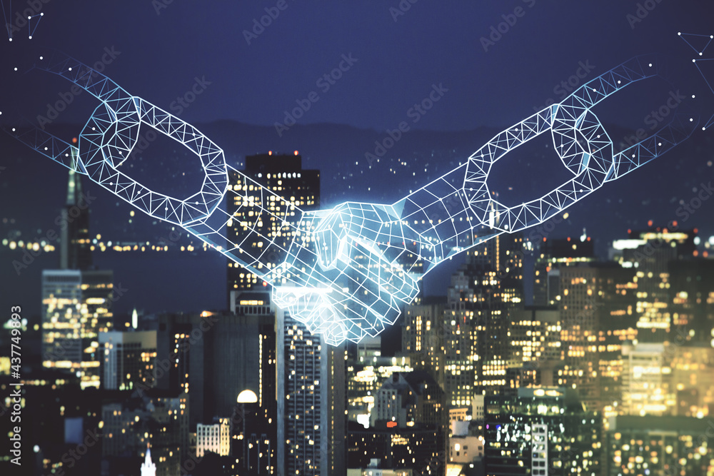 Poster abstract virtual block chain technology hologram with handshake on san francisco cityscape backgroun
