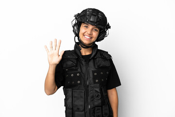 SWAT woman isolated on white background counting five with fingers