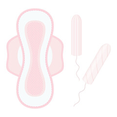 Menstruation, feminine hygiene set. Pad and tampon. Female hygiene products. Women's hygiene. Flat style. Vector illustration.