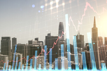 Abstract virtual financial graph hologram on San Francisco cityscape background, financial and trading concept. Multiexposure