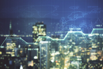 Abstract virtual stats data hologram on blurry skyline background. Multiexposure