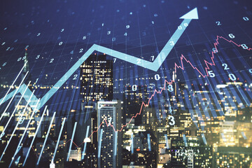 Abstract virtual financial graph and upward arrow hologram on San Francisco cityscape background, financial and trading concept. Multiexposure