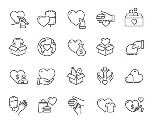 Donate and Charity line icons. Volunteer help, Global hunger, Food box. Helping hand, Heart donate and Care service line icons. Donation or Blood collection, Money charity and Food care. Vector