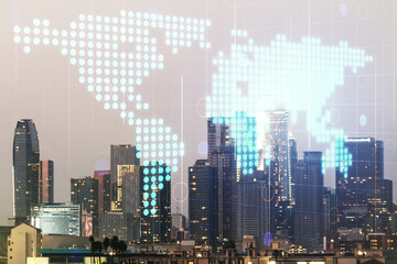 Obraz premium Abstract creative world map interface on Los Angeles skyline background, international trading concept. Multiexposure
