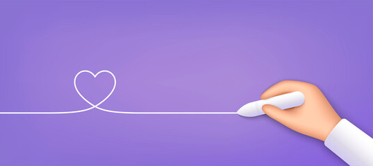 Realistic hand writing love icon. Continuous line with heart symbol. Banner with 3d hand and white chalk. Author write or draw heart by pen. Valentine day background with handwriting love icon. Vector