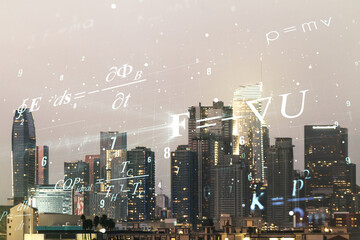 Scientific formula illustration on Los Angeles cityscape background, science and research concept. Multiexposure
