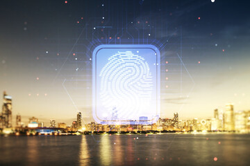 Multi exposure of virtual abstract fingerprint illustration on Chicago city skyline background, digital access concept