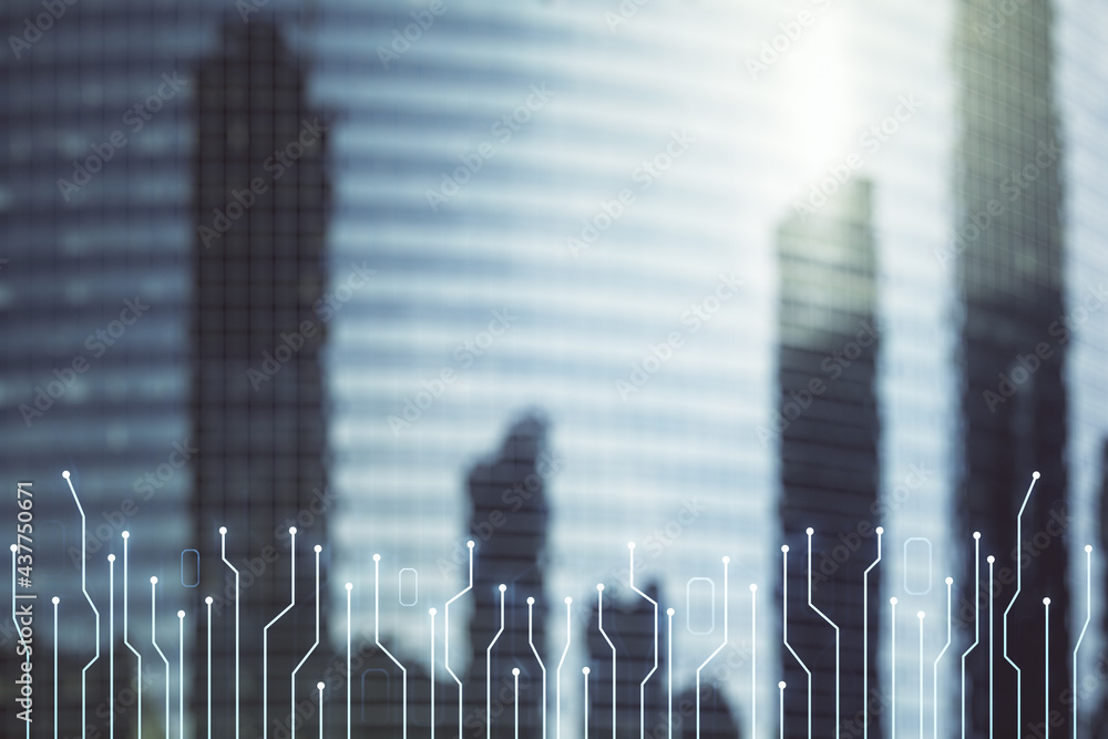 Poster double exposure of abstract virtual circuit hologram on modern skyscrapers background. research and 