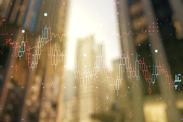 Multi exposure of abstract financial chart on office buildings background, research and analytics...