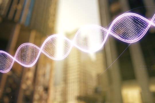 Double exposure of creative DNA hologram on modern skyscrapers background. Bio Engineering and DNA Research concept
