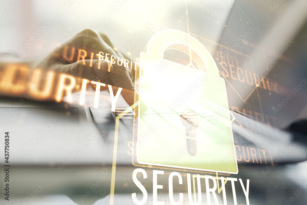 Aufkleber double exposure of creative lock hologram with chip and hands typing on laptop on background. inform