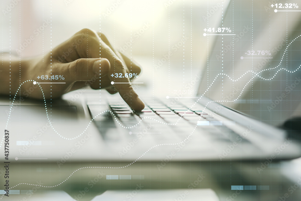 Poster double exposure of abstract creative statistics data hologram with hands typing on laptop on backgro