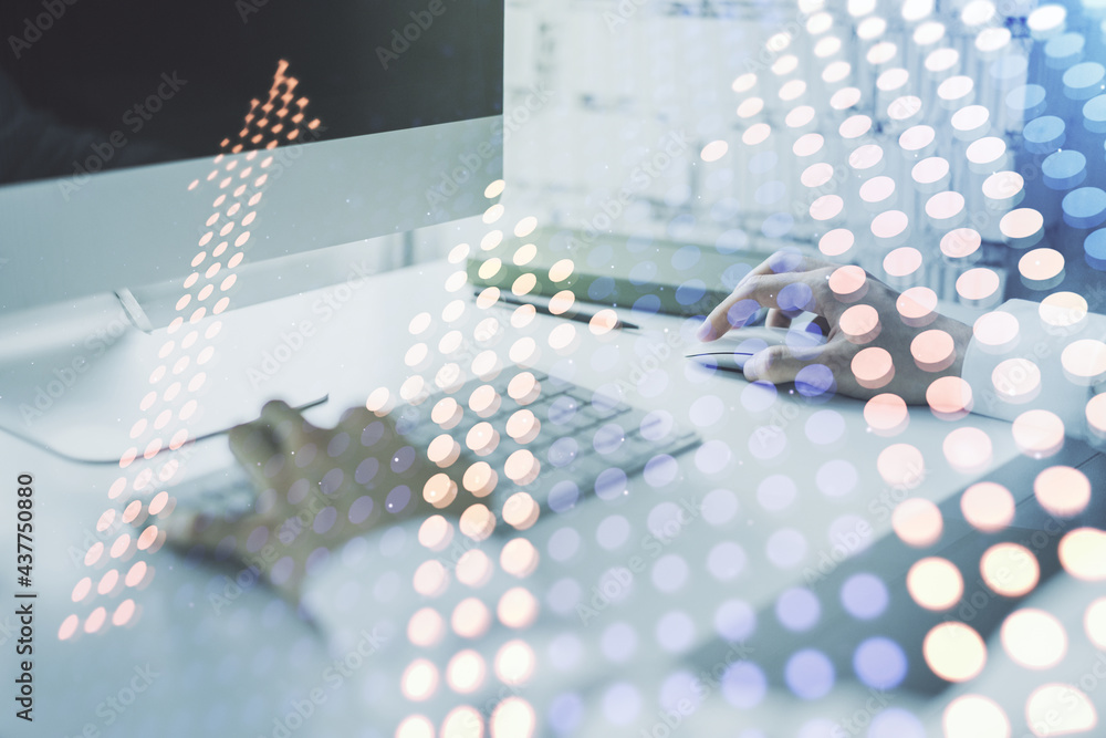 Poster creative abstract upward arrows hologram and hands typing on computer keyboard on background, leader