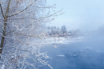 landscape. Morning on the river. Severe frost. Evaporation from water.