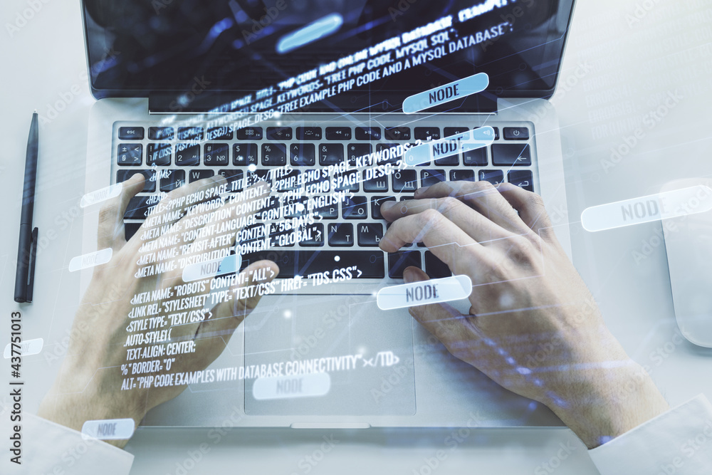 Aufkleber abstract creative coding concept with hands typing on laptop on background. multiexposure