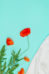 Creative composition made of red poppies on pastel blue background with white silk cloth. Nature concept. Summer background in minimal style. Top view. Flat lay
