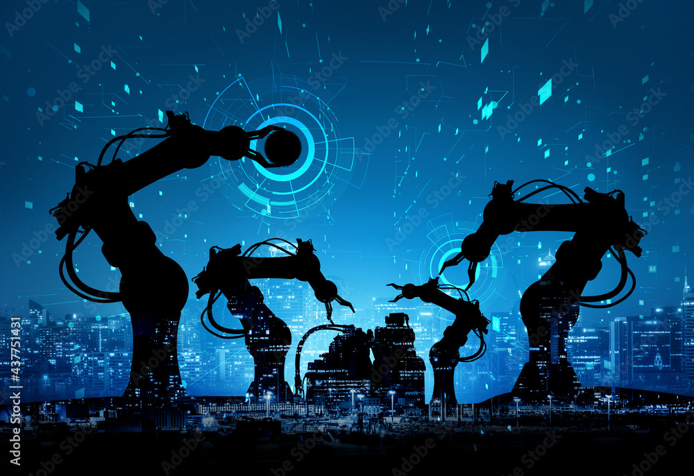 Poster mechanized industry of future factory double exposure image . concept of robotics technology for ind