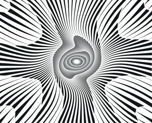 Abstract rotated white lines in circle form on black background. Geometric art. Design element. Digital image with a psychedelic stripes. Vector illustration