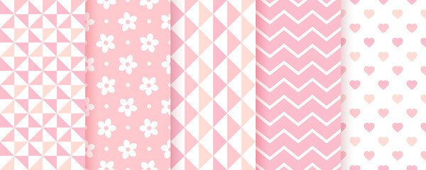 Baby shower pastel patterns. Baby girl seamless backgrounds. Vector illustration.