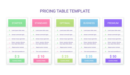 Price chart template with 5 columns. Table data grid. Vector illustration.