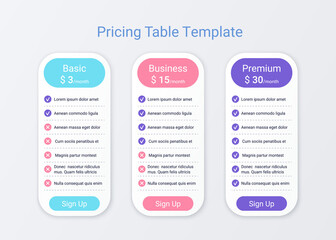 Price table comparison template with 3 columns. Vector illustration.