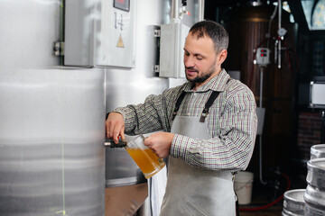 A young bearded brewer conducts quality control of freshly brewed beer in the brewery.