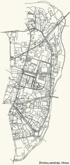 Black simple detailed street roads map on vintage beige background of the quarter Žirmūnai eldership (Žirmūnų seniūnija) of Vilnius, Lithuania