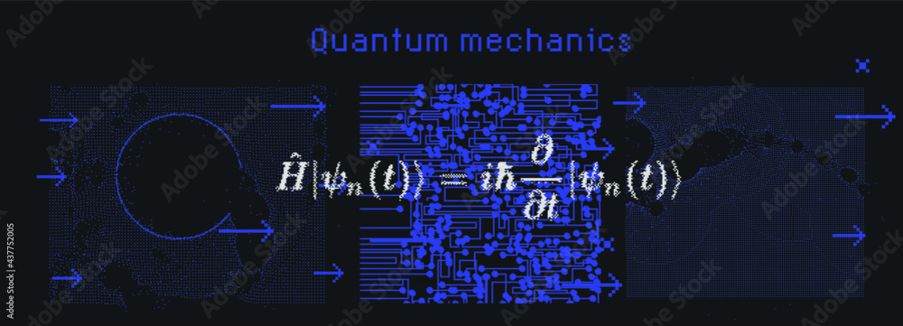 Poster Erwin Schroedinger's linear partial differential equation that describes the wave function of a quantum-mechanical system. Abstract vector illustration with formula and particle field.