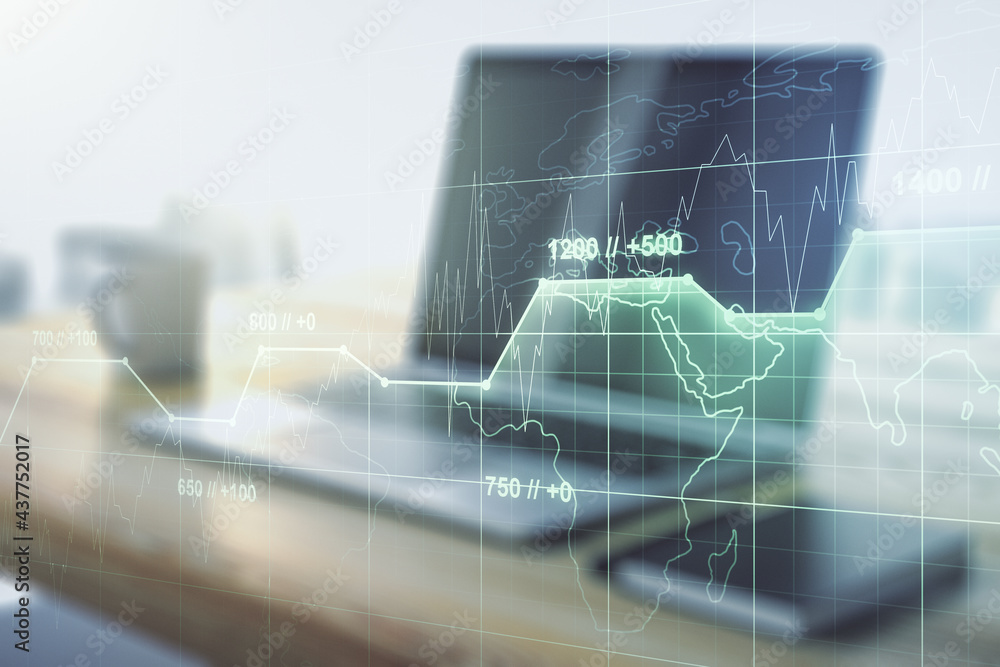 Poster multi exposure of creative statistics data hologram and modern desktop with laptop on background, st