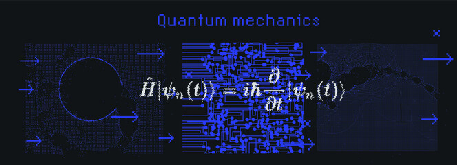 Erwin Schroedinger's linear partial differential equation that describes the wave function of a quantum-mechanical system. Abstract vector illustration with formula and particle field.