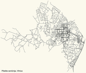 Black simple detailed street roads map on vintage beige background of the quarter Pilaitė eldership (Pilaitės seniūnija) of Vilnius, Lithuania