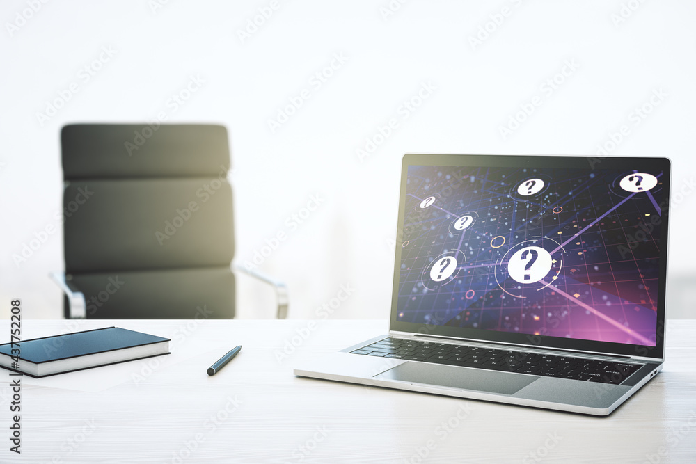 Poster creative abstract question mark hologram on modern computer monitor, future technology concept. 3d r