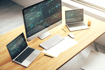 Creative scientific formula hologram on modern laptop monitor, research concept. 3D Rendering