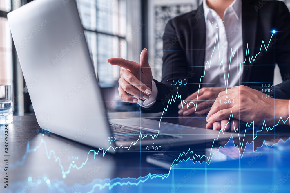 Poster two traders researching historic data to predict stock market behavior using laptop. internet tradin