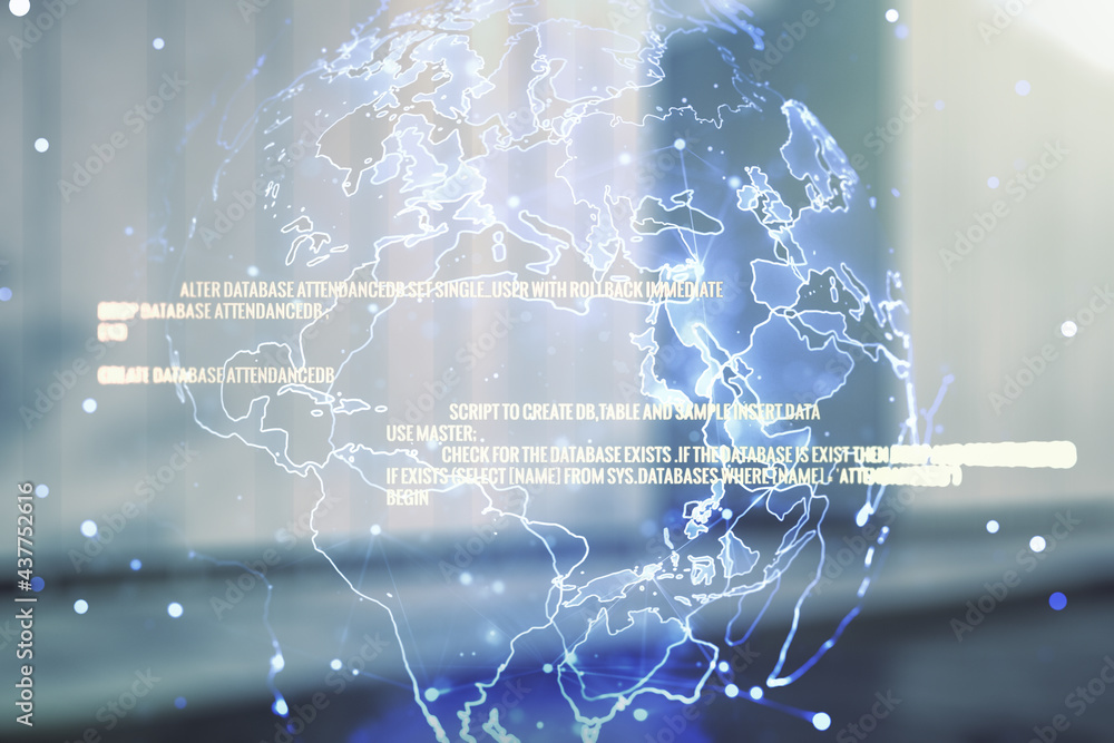 Poster abstract virtual coding concept and world map hologram on blurry modern office building background. 