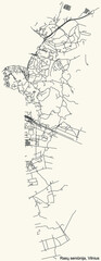 Black simple detailed street roads map on vintage beige background of the quarter Rasos eldership (Rasų seniūnija) of Vilnius, Lithuania
