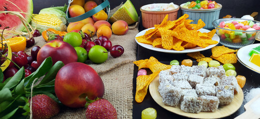 fresh fruits and unhealthy foods for healthy eating