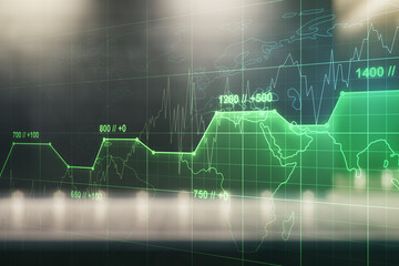 Abstract virtual stats data hologram on blurry modern office building background. Multiexposure