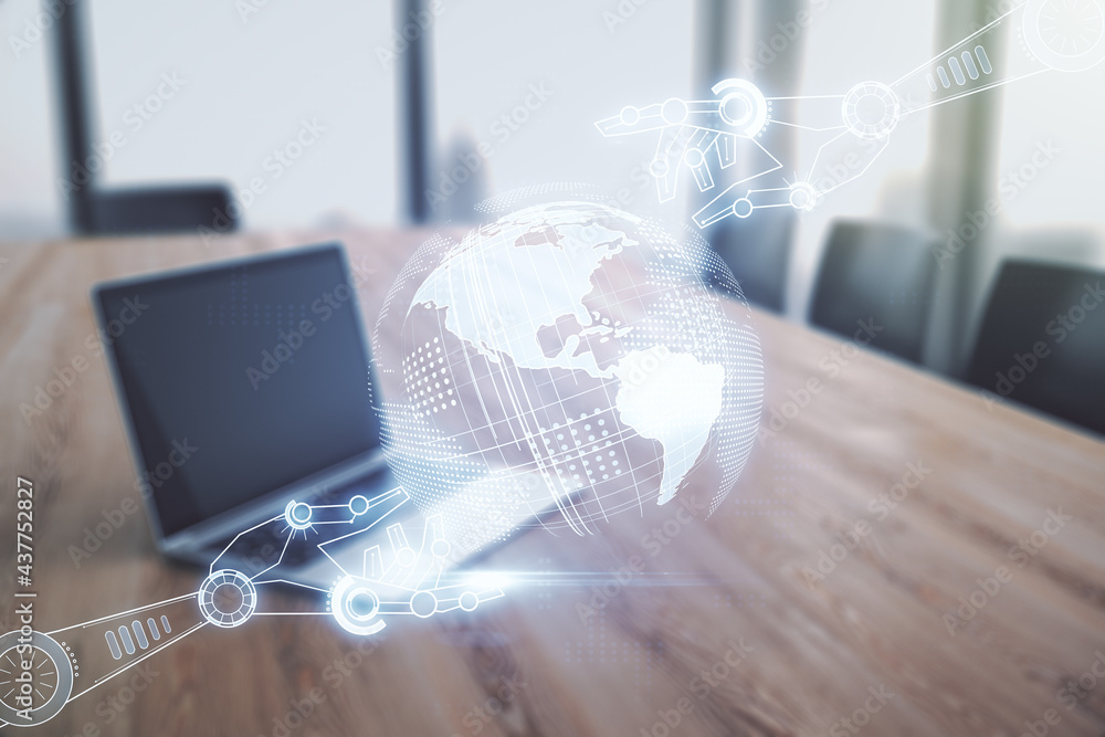 Poster double exposure of robotics technology with world map hologram on laptop background. research and de
